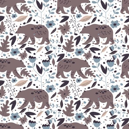 Forest Bear and Foliage Vector Seamless Pattern. Botanical Wallpaper Designのイラスト素材