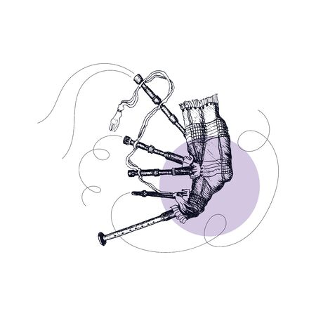 Bagpipe as Scottish Musical Wind Instrument Vector Illustration. Linear Drawing of Scotland Attribute and Folklore Symbolのイラスト素材