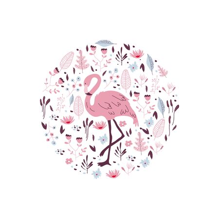 Flamingo Pink Bird with Tropical Palm Leaves and Jungle Plants Framed in Circle Vector Illustration. Exotic Bird of Paradise and Hawaiian Foliage Bouquetのイラスト素材