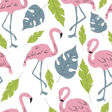 Flamingo Bird and Flora as Seamless Vector Pattern. Wild Exotic Fauna as Wrapping Paper and Wallpaper Designのイラスト素材