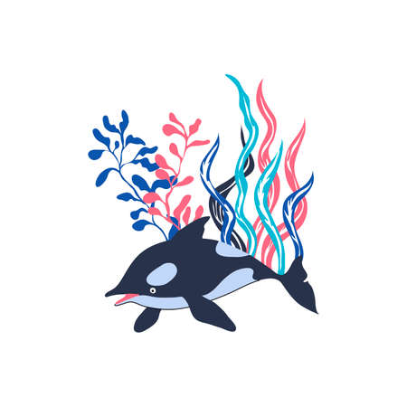 Dolphin Floating Among Sea Weeds Vector Illustration. Sea Animal and Wild Underwater Fauna Conceptのイラスト素材