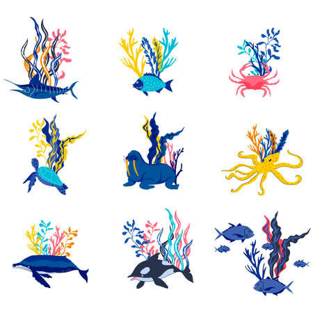 Sea Weeds and Marine Creatures Floating and Swimming Vector Set. Sea Animal and Wild Underwater Fauna Conceptのイラスト素材