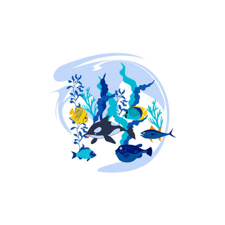 Dolphin and Other Marine Creatures Floating in Sea Bottom Vector Illustration. Sea Animal and Wild Underwater Fauna Conceptのイラスト素材