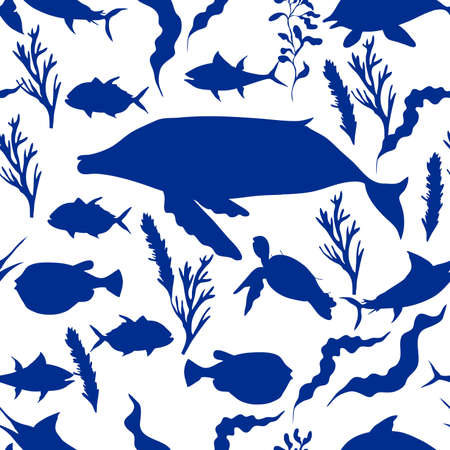Underwater Creature and Marine Life with Fish and Sea Weeds Silhouette Seamless Vector Pattern. Flora and Fauna Living Deep in the Ocean Bottom Conceptのイラスト素材