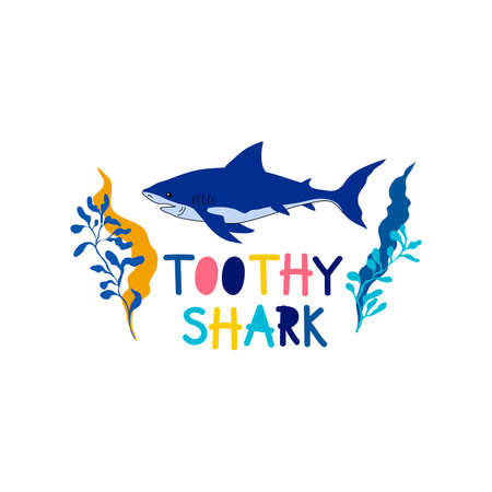 Toothy Shark and Lettering as Kids Fabric Print Vector Illustration. Marine and Sea Life Conceptのイラスト素材