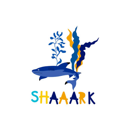 Floating in Algae Shark and Lettering as Kids Fabric Print Vector Illustration. Marine and Sea Life Conceptのイラスト素材
