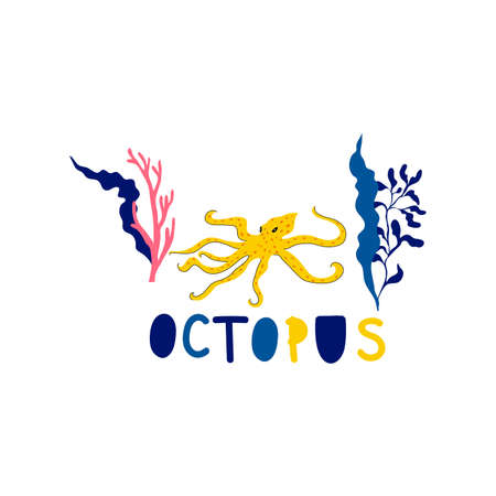 Octopus with Tentacles and Lettering as Kids Fabric Print Vector Illustration. Marine and Sea Life Conceptのイラスト素材