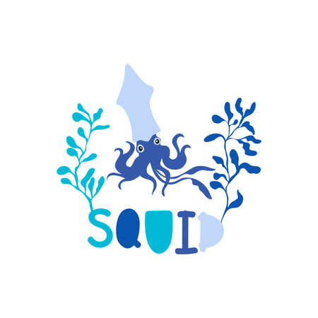 Squid with Tentacles and Lettering as Kids Fabric Print Vector Illustration. Marine and Sea Life Conceptのイラスト素材
