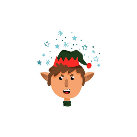Angry Christmas Elf? Haracter in Green Hat Vector Illustration. Funny dwarf face avatar conceptのイラスト素材