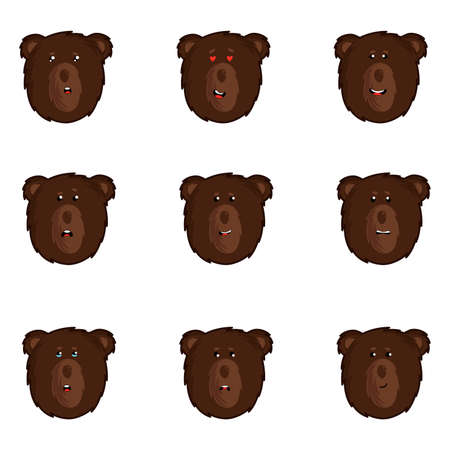 Brown Furry Bear Head Showing Facial Expressions Vector Set. Forest Animal Snout with Different Emotions Conceptのイラスト素材