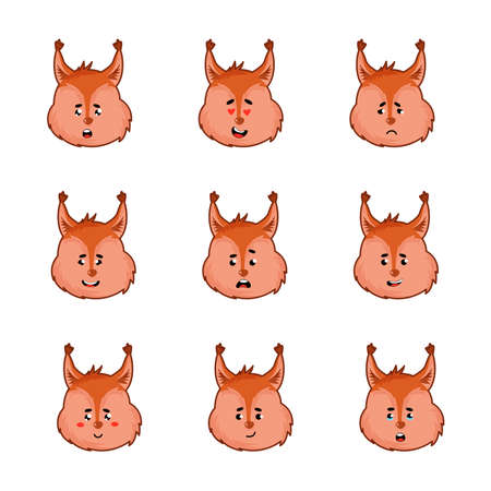 Funny Squirrel Muzzle with Different Emotions Vector Set. Cute Forest Animal Facial Expressions and Emojiのイラスト素材