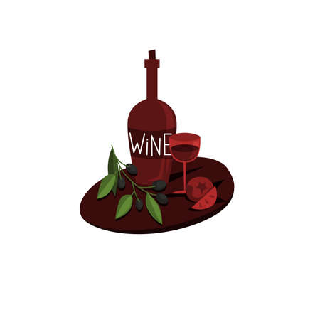 Corked Bottle of Red Wine with Glass, Tomato and Olive Branch on Table Vector Composition. Traditional Mediterranean Snackのイラスト素材
