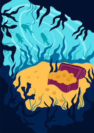 Blue Sea Bottom with Yellow Sand and Treasure Chest Full of Golden Coins Aerial Perspective Vector Illustration. Open Trunk Sunken Deep in the Ocean Rested on Seabed as Fantastic Wealth Conceptのイラスト素材