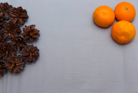 Pine cones and mandarinas with a place for a signatureの写真素材