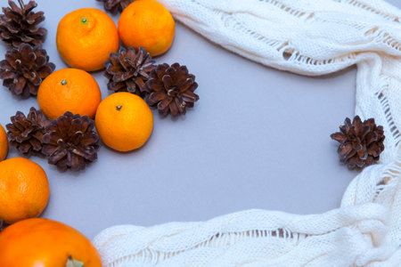 Tangerines with christmas decoration. Tangerines with spruce. Christmas decoration. Copy spaceの写真素材