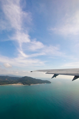 View of jet plane wingの写真素材