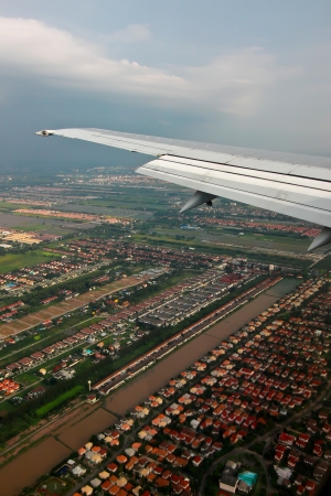 View of jet plane wing の写真素材
