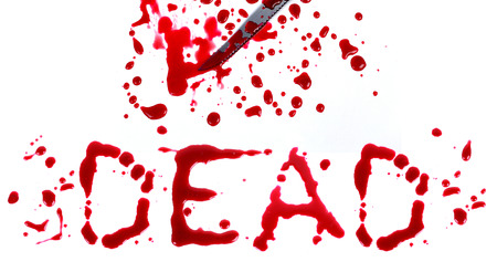 Bloody print on a white background with the letters Deadの写真素材
