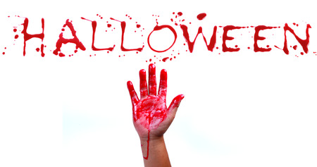 Bloody print on a white background with the letters HALLOWEENの写真素材