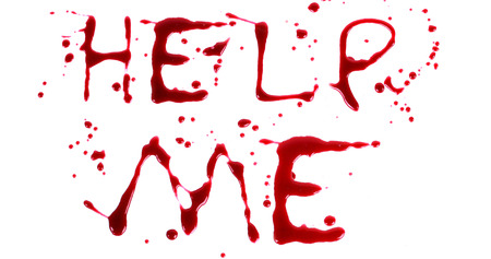 Bloody print on a white background with the letters HELPの写真素材