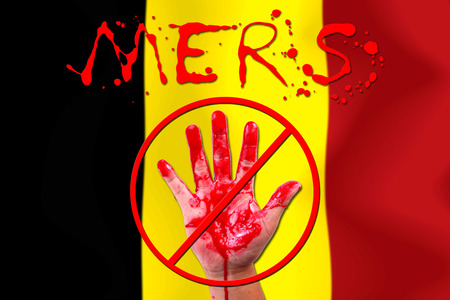 Concept show hand stop MERS Virus epidemic Belgium flag .の写真素材