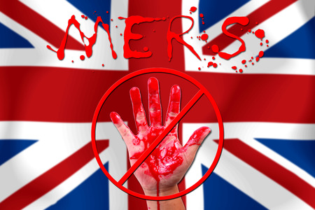 Concept show hand stop MERS Virus epidemic flag background.の写真素材