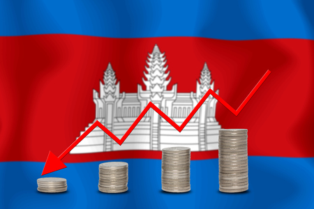 The economic going down of the Cambodia, with a head shot arrows down from the top medals.の写真素材
