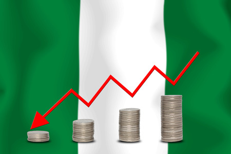 The economic going down of the NIGERIA, with a head shot arrows down from the top medals.の写真素材