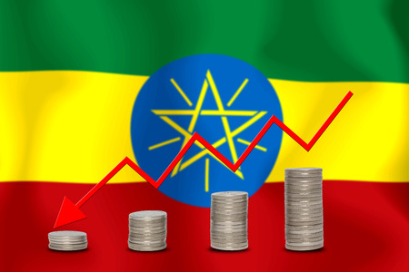 The economic going down of the ETHIOPIA, with a head shot arrows down from the top medals.の写真素材