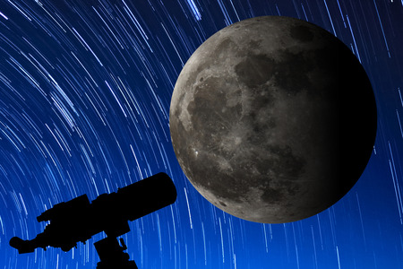 Silhouette of Telescope under the stars and Full moon.の写真素材