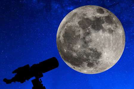 Silhouette of Telescope under the stars and Full moon.の写真素材