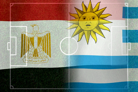 Football Cup competition between the national Egypt and national Uruguay.の写真素材