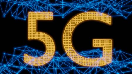Futuristic  technology  wireframe mesh polygonal element in the form of 5G. Connection Structure. Digital Data Visualization. Social Network Graphic Concept. 3d rendering.の写真素材