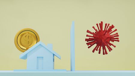 Business loans for real estate concept, a house with dollar coins.saving money and. work from home to avoid viruses corona virus COVID-19. 3d rendering.の写真素材