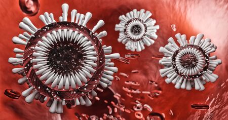 Corona virus disease (COVID-19) infection of medical illustration. pathogen respiratory influenza virus cells.outbreak deep-seated cells as a respiratory syndrome, viral pneumonia symptom.3D render.の写真素材