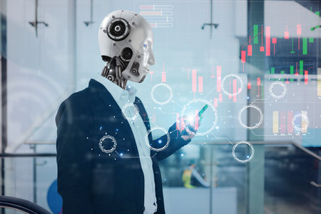 Humans wearing a coat with a robot head and holding mobile phones are the future of humanity. AI (Artificial Intelligence) concept. Deep learning. Mindfulness.の写真素材