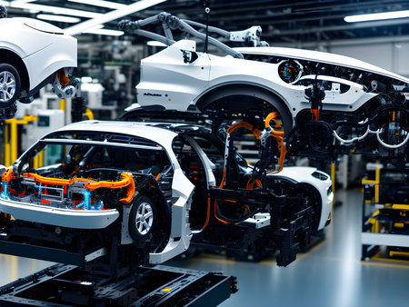 Modern High Tech  Industrial Robotic  arm on the factory production line production line is being welded. Generative AI.の素材