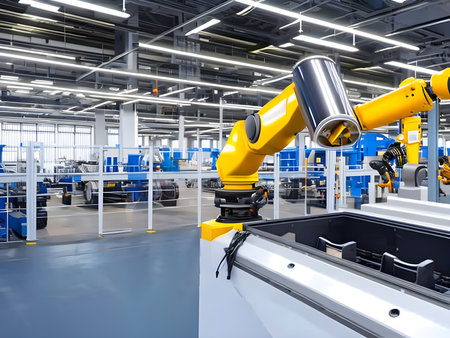 Modern High Tech  Industrial Robotic  arm on the factory production line production line is being welded. Generative AI.の素材
