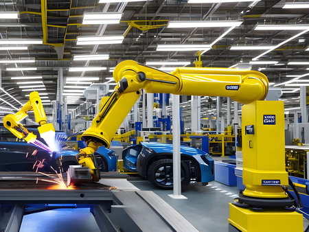 Modern High Tech  Industrial Robotic  arm on the factory production line production line is being welded. Generative AI.の素材