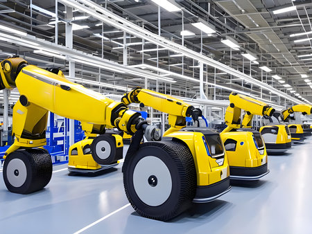 Modern High Tech  Industrial Robotic  arm on the factory production line production line is being welded. Generative AI.の素材
