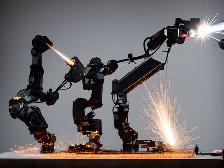 Modern High Tech  Industrial Robotic  arm on the factory production line production line is being welded. Generative AI.の素材