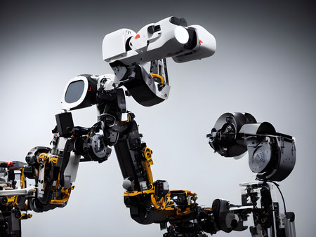 Modern High Tech  Industrial Robotic  arm on the factory production line production line is being welded. Generative AI.の素材