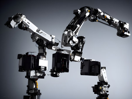 Modern High Tech  Industrial Robotic  arm on the factory production line production line is being welded. Generative AI.の素材
