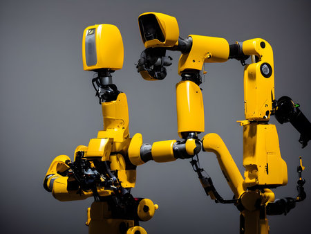 Modern High Tech  Industrial Robotic  arm on the factory production line production line is being welded. Generative AI.の素材