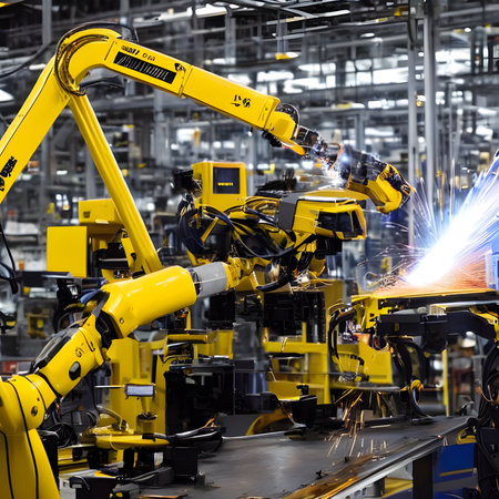 Modern High Tech  Industrial Robotic  arm on the factory production line production line is being welded. Generative AI.の素材