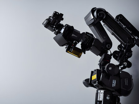 Modern High Tech  Industrial Robotic  arm on the factory production line production line is being welded. Generative AI.の素材