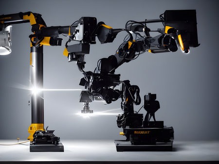 Modern High Tech  Industrial Robotic  arm on the factory production line production line is being welded. Generative AI.の素材