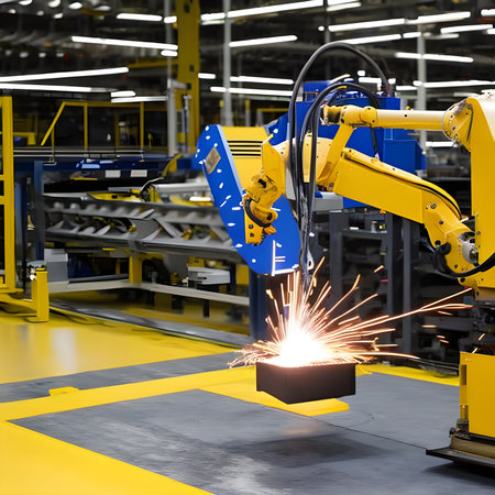 Modern High Tech  Industrial Robotic  arm on the factory production line production line is being welded. Generative AI.の素材