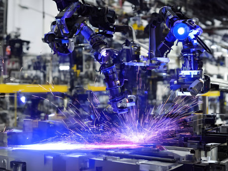 Modern High Tech  Industrial Robotic  arm on the factory production line production line is being welded. Generative AI.の素材