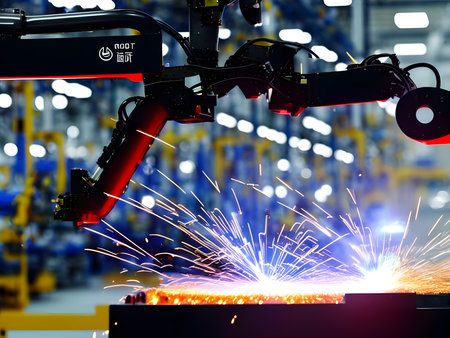 Modern High Tech  Industrial Robotic  arm on the factory production line production line is being welded. Generative AI.の素材